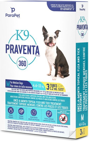 Show full view: Parapet K9 Praventa 360 Flea & Tick Treatment for Dogs, 4.6-11 kg, 3 count slide 3 of 7