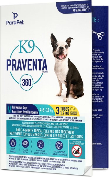Show full view: Parapet K9 Praventa 360 Flea & Tick Treatment for Dogs, 4.6-11 kg, 3 count slide 6 of 7