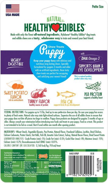 Show full view: Nylabone Healthy Edibles Puppy Turkey & Sweet Potato Flavour Petite Bone Dog Treats, 8 count slide 8 of 10