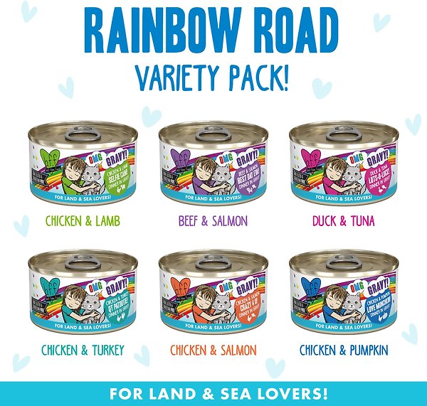 Show full view: BFF OMG Best Feline Friend Oh My Gravy! Rainbow Road Variety Pack Grain-Free Wet Cat Food, 2.8-oz can, case of 12 slide 3 of 8