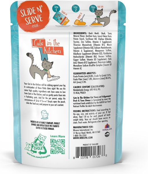 Show full view: Weruva Cats in the Kitchen Cat Times at Fridgemont Duck & Tuna Pate Grain-Free Wet Cat Food, 3-oz pouch, case of 12 slide 3 of 10