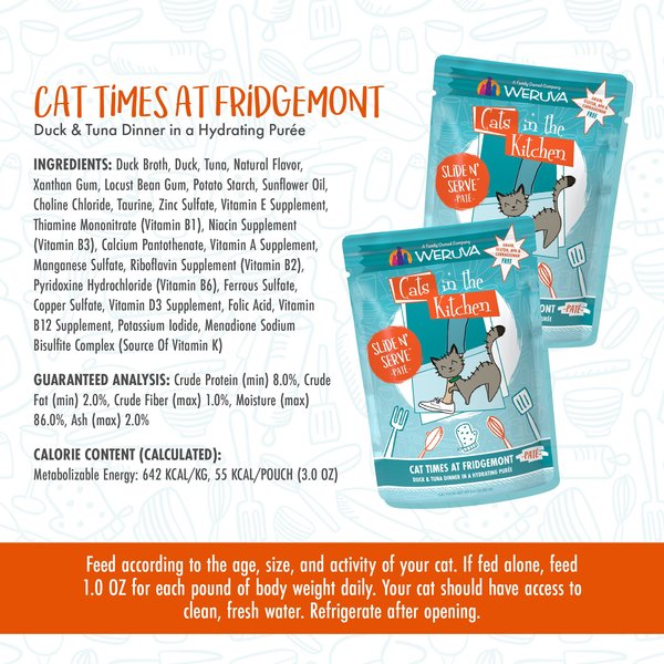 Show full view: Weruva Cats in the Kitchen Cat Times at Fridgemont Duck & Tuna Pate Grain-Free Wet Cat Food, 3-oz pouch, case of 12 slide 8 of 10