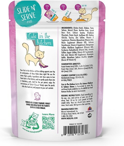 Show full view: Weruva Cats in the Kitchen Cat to The Future Chicken & Salmon Pate Grain-Free Wet Cat Food, 3-oz pouch, case of 12 slide 3 of 10