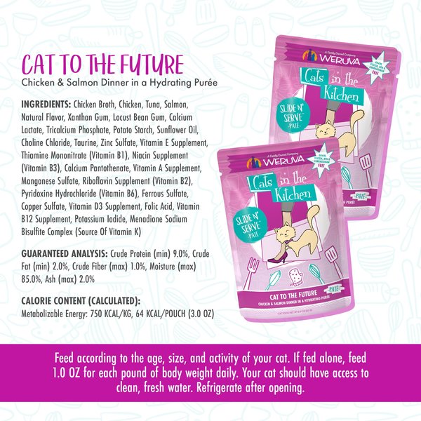 Show full view: Weruva Cats in the Kitchen Cat to The Future Chicken & Salmon Pate Grain-Free Wet Cat Food, 3-oz pouch, case of 12 slide 8 of 10
