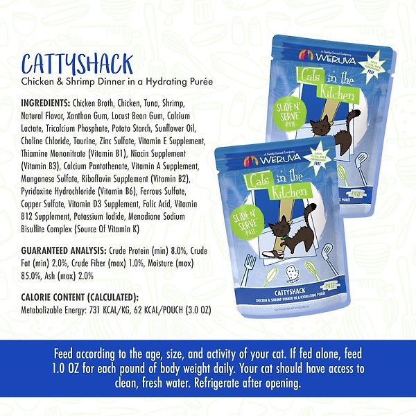 Show full view: Weruva Cats in the Kitchen Cattyshack Chicken & Shrimp Pate Grain-Free Wet Cat Food, 3-oz pouch, case of 12 slide 8 of 10