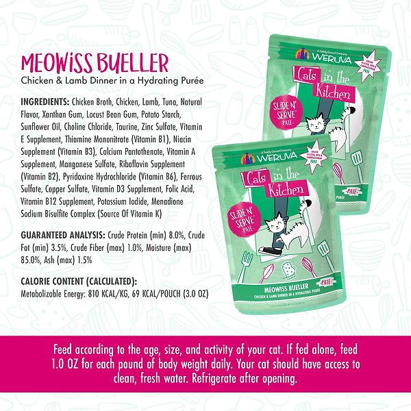 Show full view: Weruva Cats in the Kitchen Meowiss Bueller Chicken & Lamb Pate Grain-Free Wet Cat Food, 3-oz pouch, case of 12 slide 8 of 10