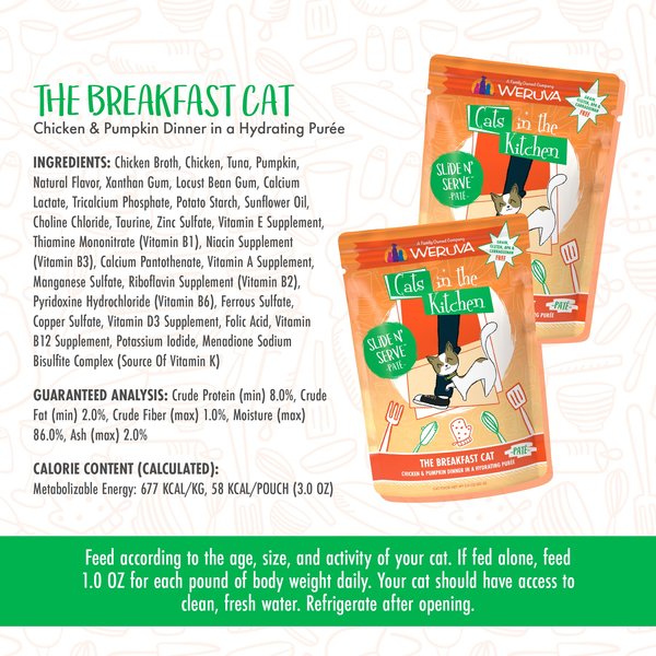Show full view: Weruva Cats in the Kitchen The Breakfast Cat Chicken & Pumpkin Pate Grain-Free Wet Cat Food, 3-oz pouch, case of 12 slide 8 of 10