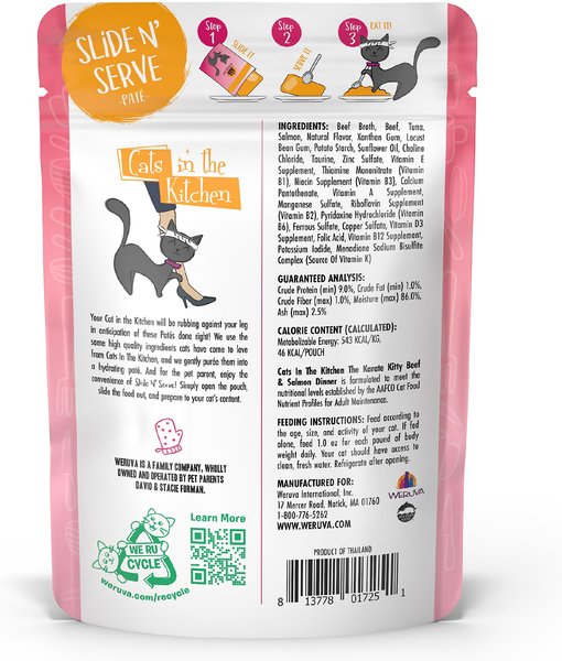 Show full view: Weruva Cats in the Kitchen The Karate Kitty Beef & Salmon Pate Wet Cat Food, 3-oz pouch, case of 12 slide 3 of 10