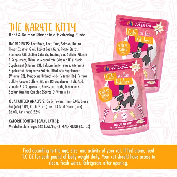 Show full view: Weruva Cats in the Kitchen The Karate Kitty Beef & Salmon Pate Wet Cat Food, 3-oz pouch, case of 12 slide 8 of 10