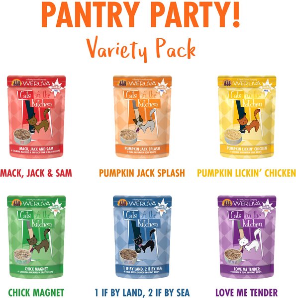 Show full view: Weruva Cats in the Kitchen Pantry Party Pouch Variety Pack in Gravy Grain-Free Wet Cat Food, 3-oz pouch, case of 12 slide 3 of 9