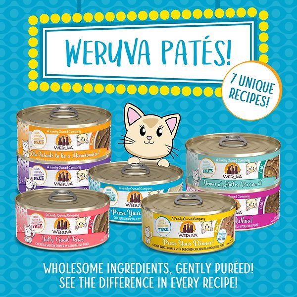 Show full view: Weruva Classic Cat Pate, Press Your Lunch! Chicken Grain-Free Wet Cat Food, 5.5-oz can, case of 8 slide 5 of 12