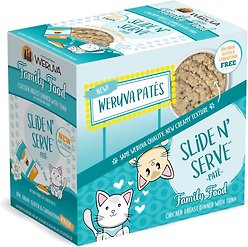 Weruva Slide N' Serve Family Food Chicken Dinner Tuna Pate Grain-Free Wet Cat Food, 2.8-oz pouch, case of 12