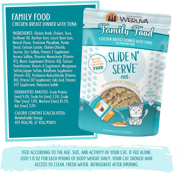 Show full view: Weruva Slide N' Serve Family Food Chicken Dinner Tuna Pate Grain-Free Wet Cat Food, 2.8-oz pouch, case of 12 slide 7 of 10