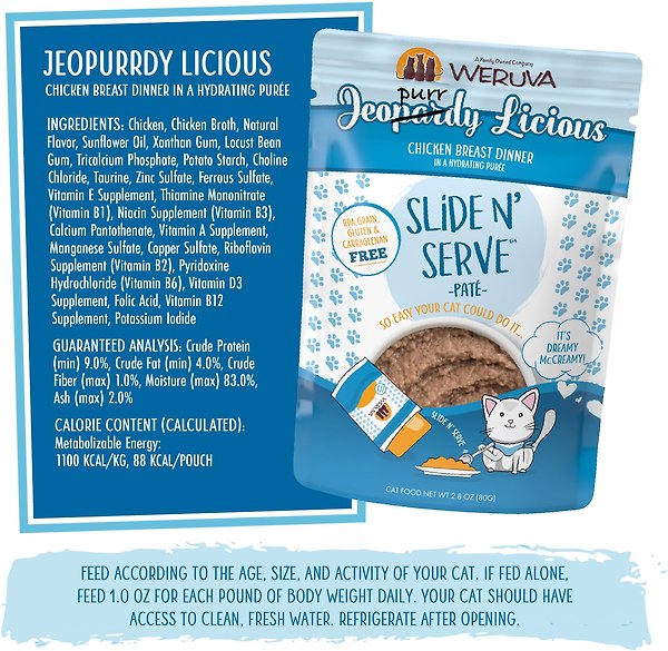 Show full view: Weruva Slide N' Serve Jeopurrdy Licious Chicken Dinner Pate Grain-Free Wet Cat Food, 2.8-oz pouch, case of 12 slide 7 of 10