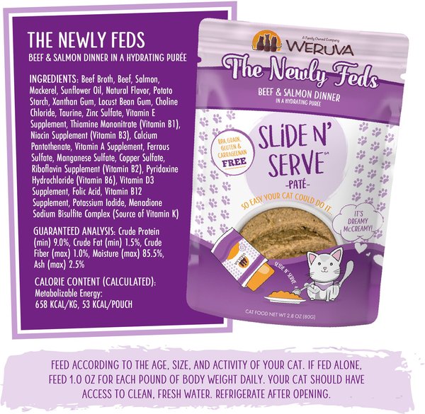 Show full view: Weruva Slide N' Serve The Newly Feds Beef & Salmon Dinner Pate Grain-Free Wet Cat Food, 2.8-oz pouch, case of 12 slide 7 of 10