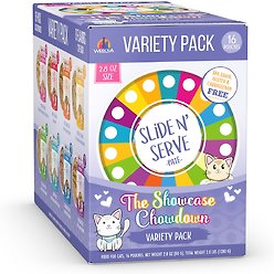 Weruva Slide N' Serve The Showcase Chowdown Slide N' Serve Variety Pack Pate Grain-Free Wet Cat Food, 2.8-oz pouch, case of 16