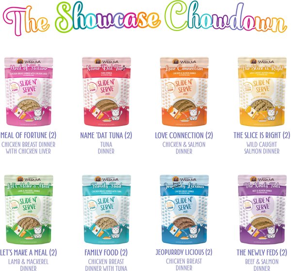 Show full view: Weruva Slide N' Serve The Showcase Chowdown Slide N' Serve Variety Pack Pate Grain-Free Wet Cat Food, 2.8-oz pouch, case of 16 slide 3 of 10