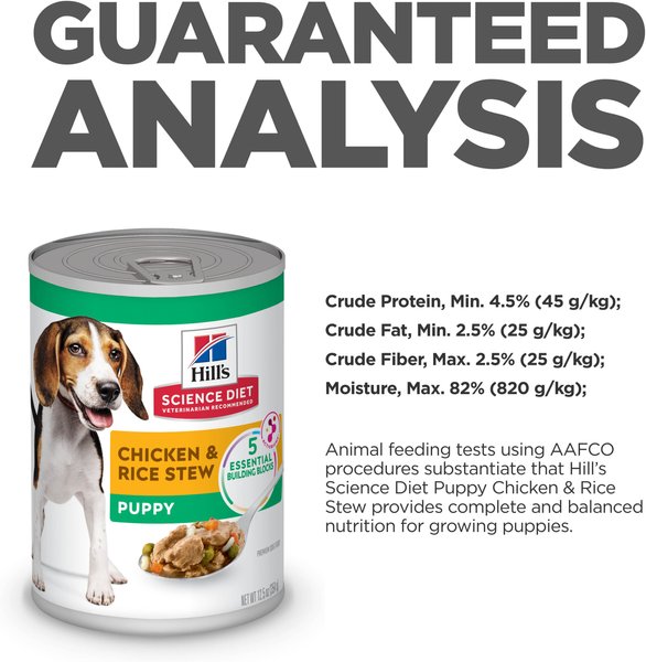 Show full view: Hill's Science Diet Puppy Chicken & Rice Stew Recipe Wet Dog Food, 12.5-oz can, case of 12 slide 6 of 10