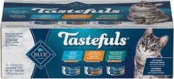Blue Buffalo Tastefuls Adult Chicken, Turkey Ocean Fish, Tuna Variety Pack Pate Wet Cat Food, 155-g can, case of 12