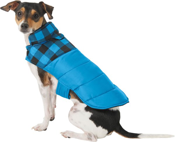 Show full view: Frisco Mediumweight Boulder Plaid Insulated Dog & Cat Puffer Coat, Blue, Small slide 4 of 11