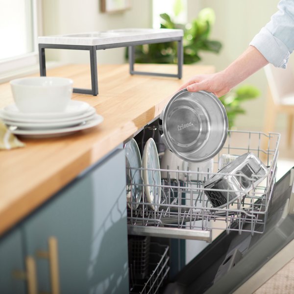 Show full view: Frisco Marble Print Stainless Steel Double Elevated Dog Bowl, Black Stand, 7 Cup slide 5 of 7