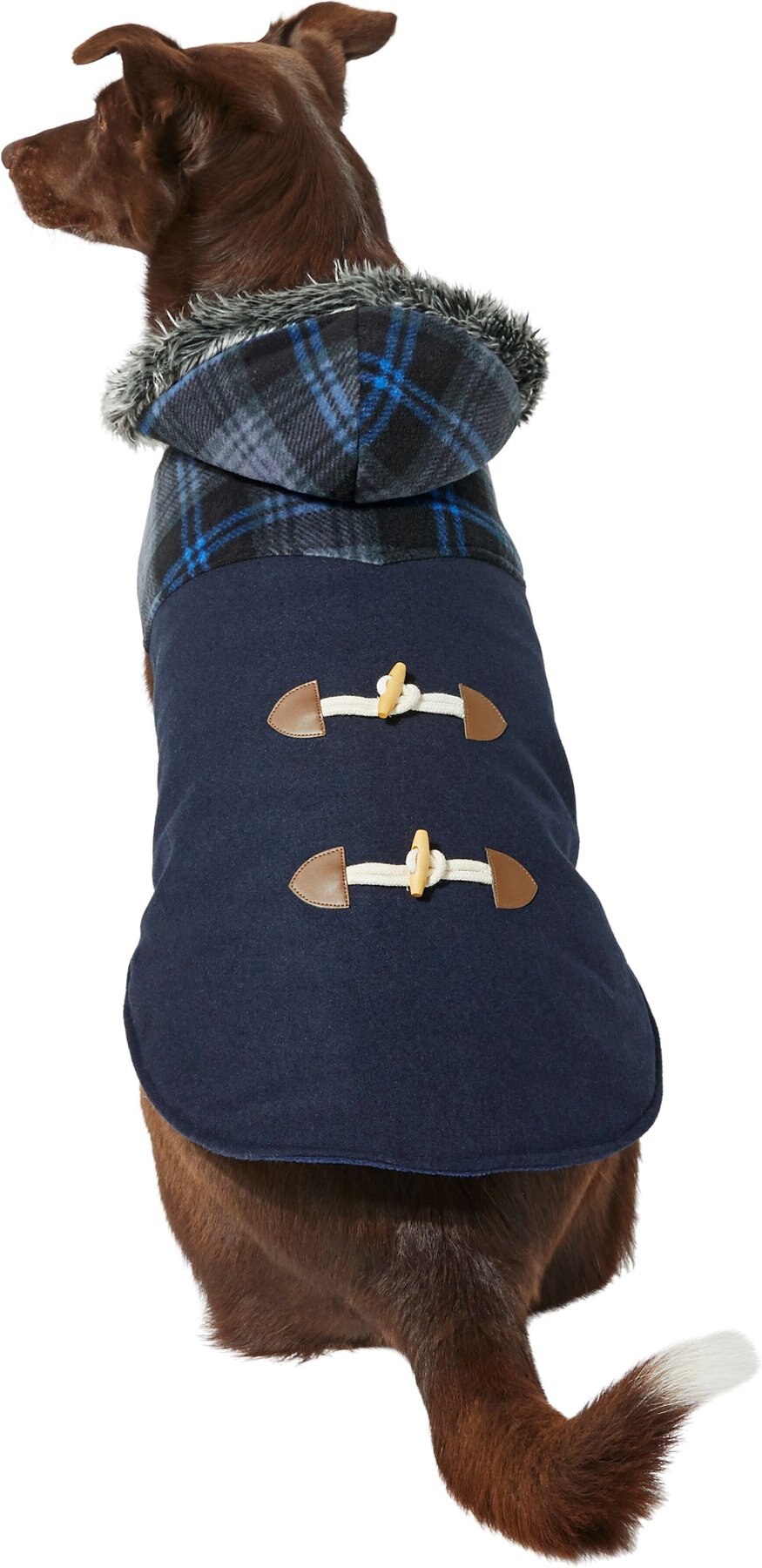 FRISCO Mediumweight Plaid Hooded Insulated Dog & Cat Peacoat, Navy