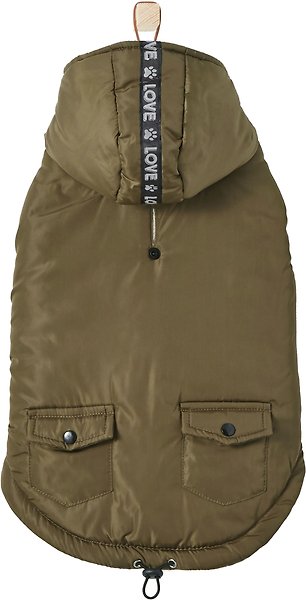 Show full view: Frisco Mid-Heavyweight Love Insulated Dog & Cat Coat, Olive, X-Small slide 4 of 7