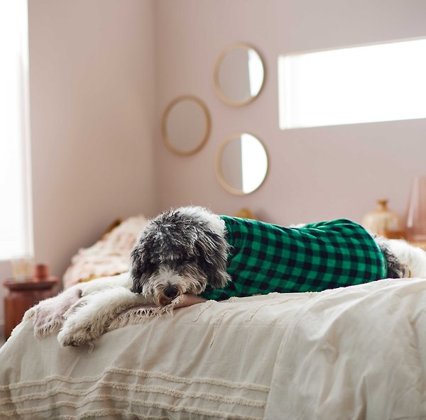 Show full view: Frisco Dog & Cat Cozy Plush Fleece PJs, Green Plaid, XX-Large slide 5 of 6