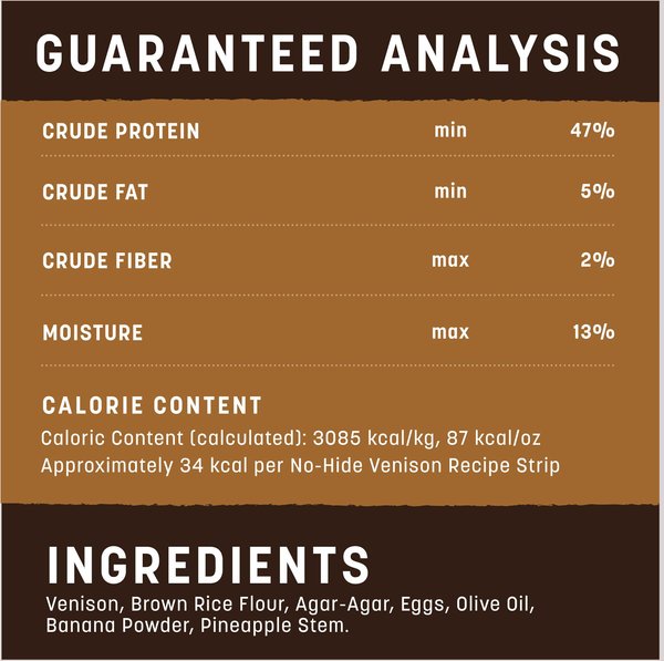 Show full view: Earth Animal No-Hide Strips Thin Natural Rawhide Alternative Venison Recipe Chew Dog Treats, 4 count slide 9 of 9