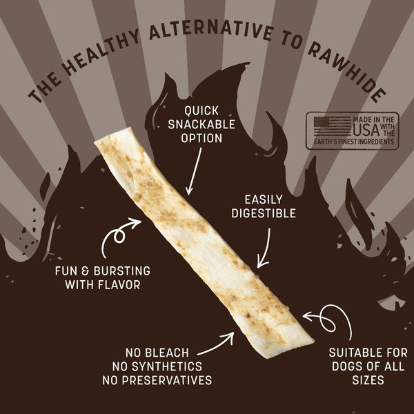 Show full view: Earth Animal No-Hide Strips Natural Rawhide Alternative Barbeque Bacon Cheeseburger Recipe Chew Dog Treats, 4 count slide 4 of 9