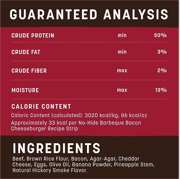 Show full view: Earth Animal No-Hide Strips Natural Rawhide Alternative Barbeque Bacon Cheeseburger Recipe Chew Dog Treats, 4 count slide 9 of 9