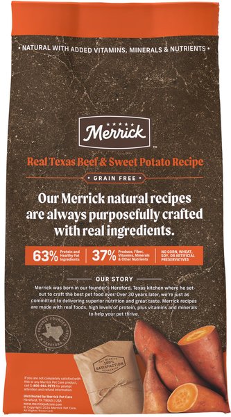 Show full view: Merrick Real Texas Beef + Sweet Potato Recipe Grain-Free Chicken-Free Adult Dry Dog Food, 1.81-kg bag slide 4 of 10