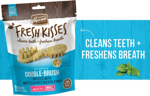 Show full view: Merrick Fresh Kisses Double-Brush Mint Breath Strip Infused Small Dental Dog Treats, 36 count slide 3 of 10