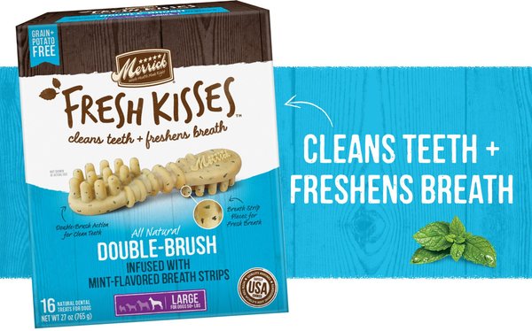 Show full view: Merrick Fresh Kisses Double-Brush Mint Breath Strip Infused Large Dental Dog Treats, 16 count slide 3 of 10