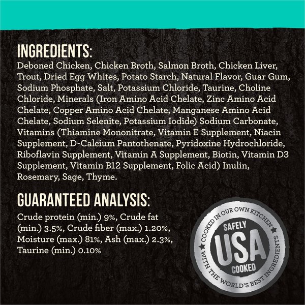 Show full view: Merrick Backcountry Grain-Free Real Chicken & Trout Recipe Cuts Morsels in Gravy Cat Food Pouches, 85-g, case of 24 slide 7 of 10