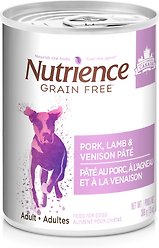 Nutrience Grain-Free Pork, Lamb & Venison Pate Wet Dog Food, 369-g can, case of 12