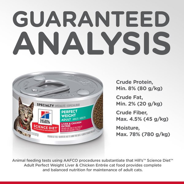 Show full view: Hill's Science Diet Adult Perfect Weight Liver & Chicken Entree Canned Cat Food, 82-g can, case of 24 slide 6 of 11