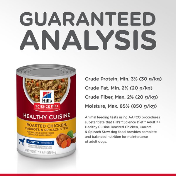 Show full view: Hill's Science Diet Adult 7+ Healthy Cuisine Roasted Chicken, Carrots & Spinach Stew Canned Dog Food, 354-g can, case of 12 slide 6 of 10