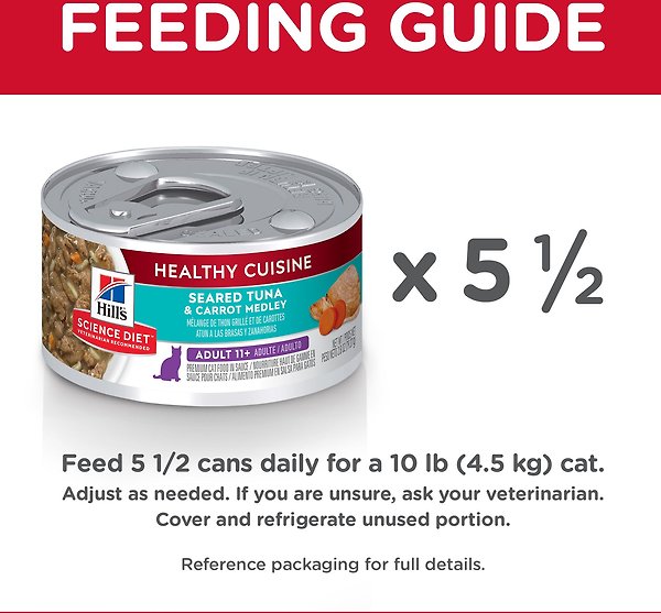 Show full view: Hill's Science Diet Adult 11+ Healthy Cuisine Seared Tuna & Carrot Medley Canned Cat Food, 79-g can, case of 24 slide 6 of 10