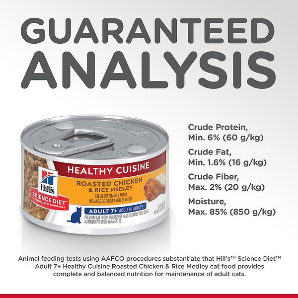 Show full view: Hill's Science Diet Adult 7+ Healthy Cuisine Roasted Chicken & Rice Medley Canned Cat Food, 79-g can, case of 24 slide 6 of 11