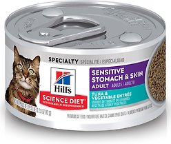 Hill's Science Diet Adult Sensitive Stomach & Skin Tuna & Vegetable Entree Canned Cat Food, 82-g can, case of 24
