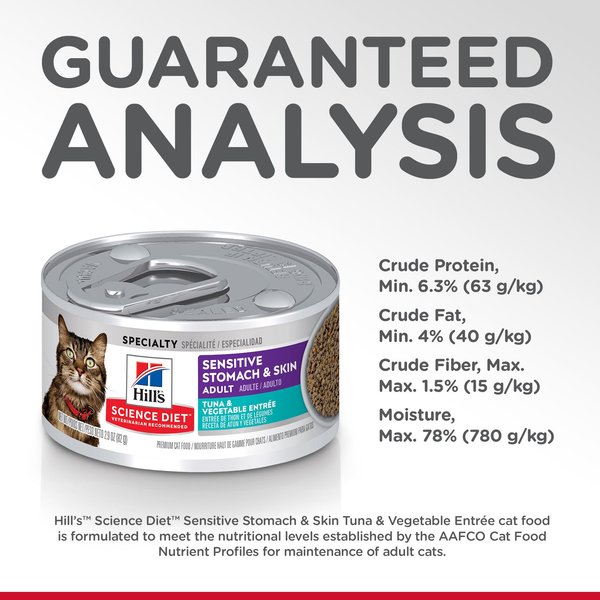 Show full view: Hill's Science Diet Adult Sensitive Stomach & Skin Tuna & Vegetable Entree Canned Cat Food, 82-g can, case of 24 slide 8 of 12