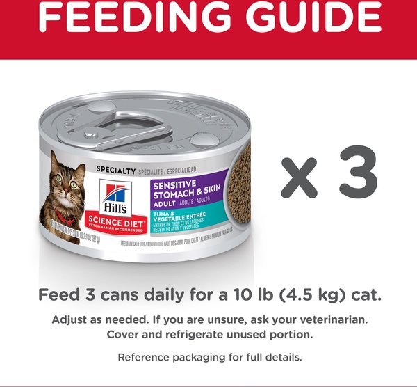 Show full view: Hill's Science Diet Adult Sensitive Stomach & Skin Tuna & Vegetable Entree Canned Cat Food, 82-g can, case of 24 slide 9 of 12