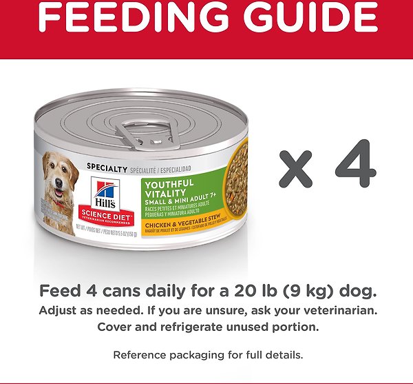 Show full view: Hill's Science Diet Adult 7+ Small & Mini Senior Vitality Chicken & Vegetable Stew Canned Dog Food, 156-g can, case of 24 slide 8 of 12