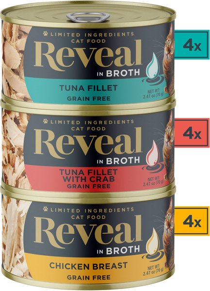 Show full view: Reveal Natural Grain-Free Variety Fish & Chicken in Broth Flavored Wet Cat Food, 2.47-oz can, case of 12 slide 5 of 11
