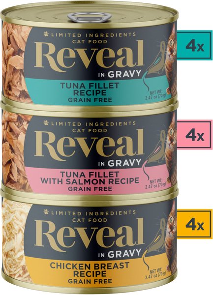 Show full view: Reveal Natural Grain-Free Variety of Fish & Chicken in Gravy Flavored Wet Cat Food, 2.47-oz can, case of 12 slide 4 of 10