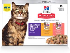 Hill's Science Diet Adult Sensitive Stomach & Sensitive Skin Variety Pack Chicken & Beef, Salmon & Tuna Wet Cat Food, 79-g pouch, case of 12