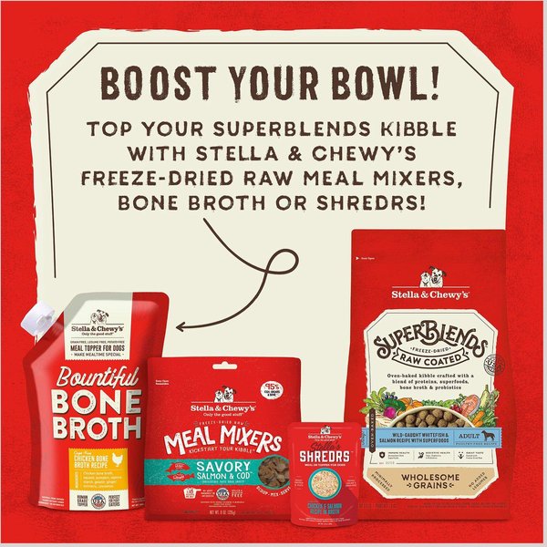 Show full view: Stella & Chewy's SuperBlends Raw Coated Wholesome Grains Wild-Caught Whitefish & Salmon Recipe with Superfoods Dry Dog Food, 9.53-kg bag slide 5 of 9