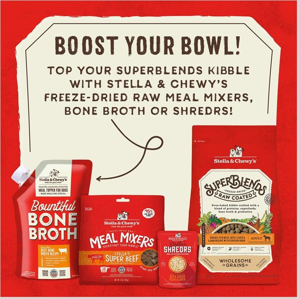 Show full view: Stella & Chewy's SuperBlends Raw Coated Wholesome Grains Grass-Fed Beef, Beef Liver & Lamb Recipe with Superfoods Dry Dog Food, 9.53-kg bag slide 9 of 10