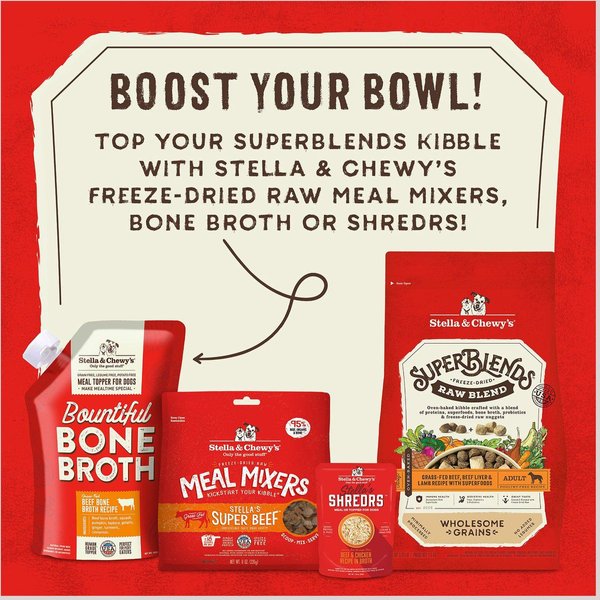 Show full view: Stella & Chewy's SuperBlends Raw Blend Wholesome Grains Grass-Fed Beef, Beef Liver & Lamb Recipe with Superfoods Dry Dog Food, 1.47-kg bag slide 9 of 10